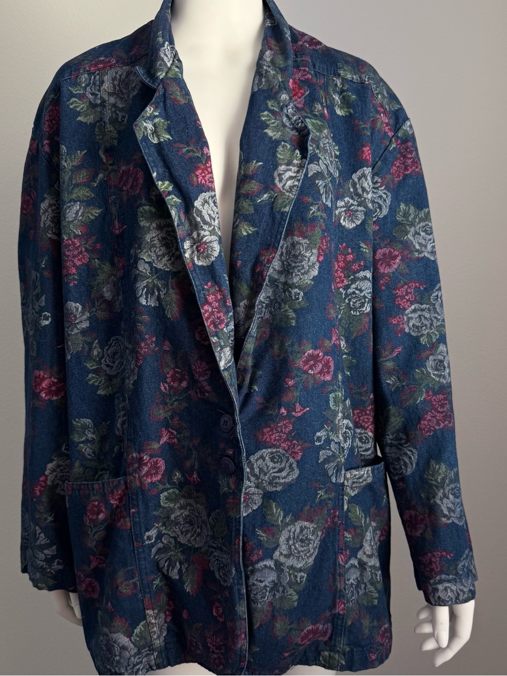 Cherokee An American Original Floral Rose Print Denim Blazer Jacket Size L Vinta